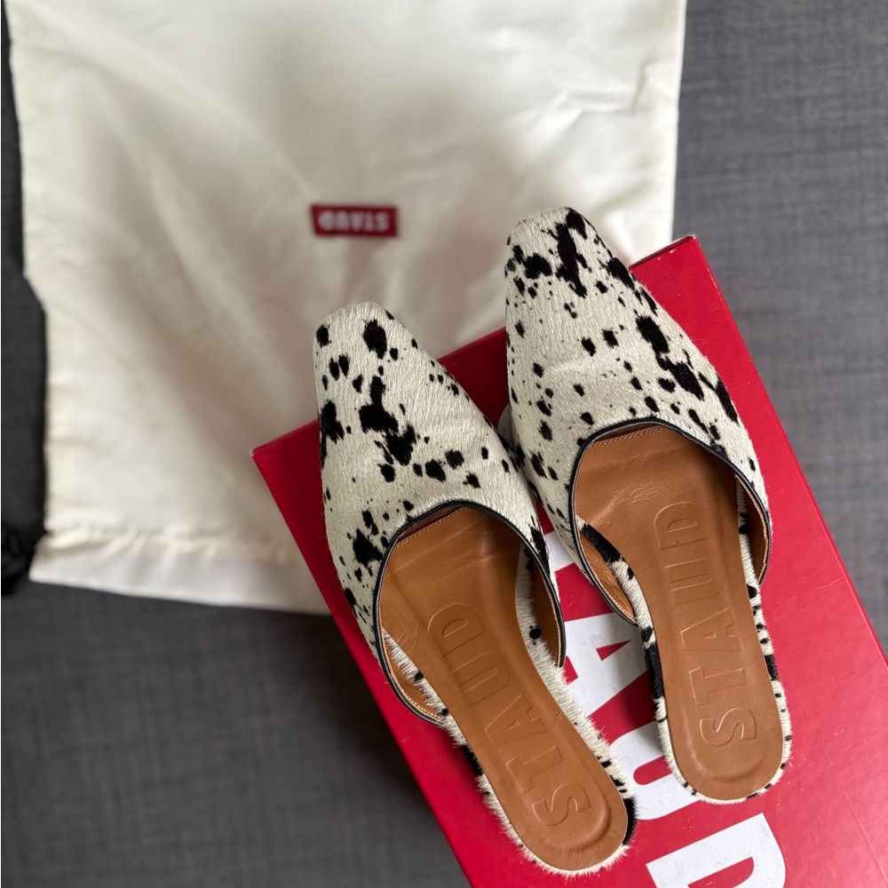 STAUD Black and White Mules with Cow Print
